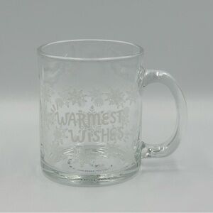 Holiday Home Glass Coffee Tea Mug Warmest Wishes Snowflakes 11 Oz
